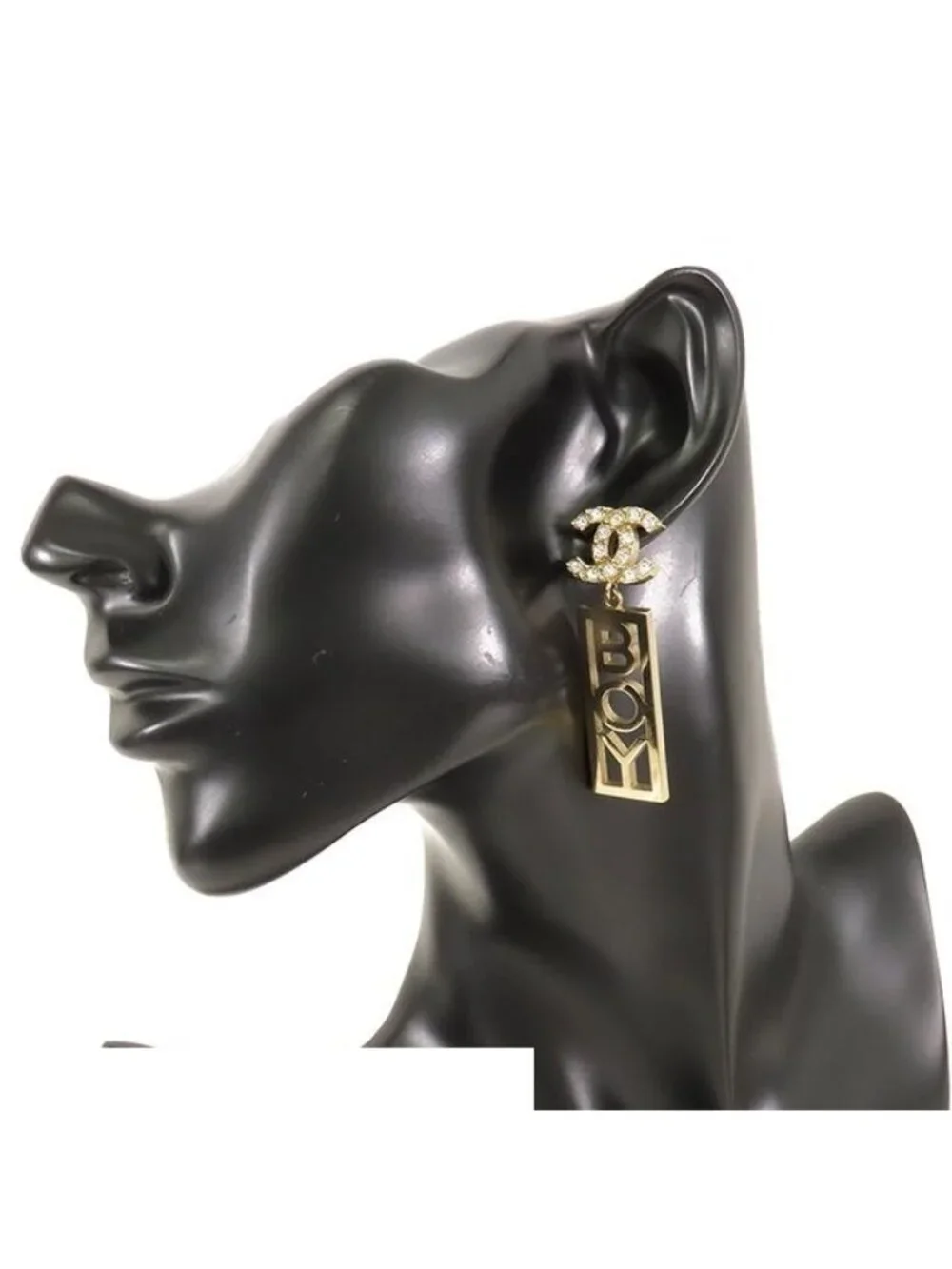 Chanel Earrings Gold Metal CC Logo Boy Plate